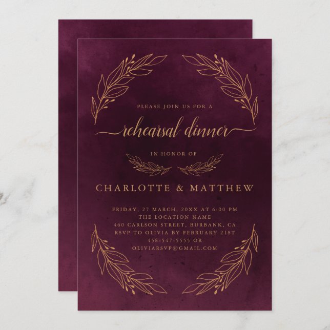Elegant Burgundy Red And Gold  Rehearsal Dinner Invitation (Front/Back)