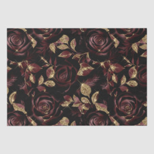 Elegant Burgundy Red and Gold Rose Floral Pattern Tissue Paper