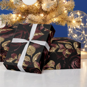 Elegant Burgundy Red and Gold Rose Floral Pattern Wrapping Paper