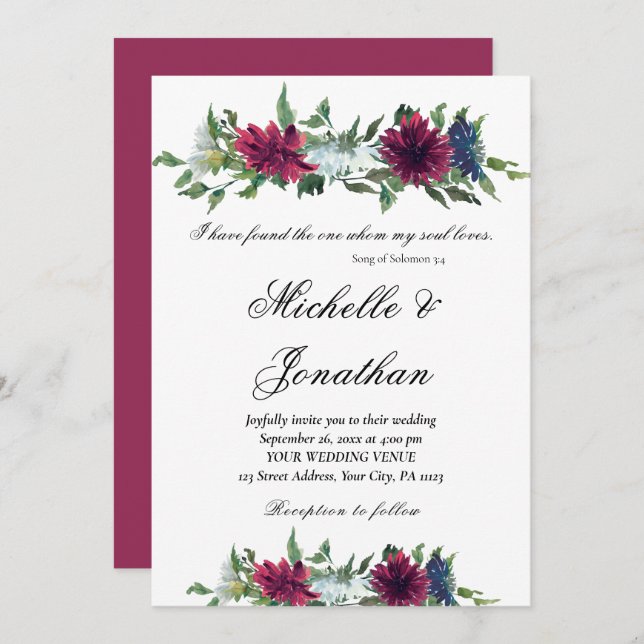 Elegant Burgundy Red Blue Floral Christian Wedding Invitation (Front/Back)