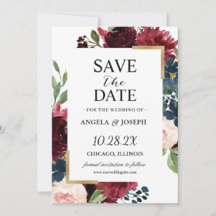 Elegant Burgundy Red Blush Blue Floral Wedding Save The Date