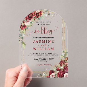 Elegant Burgundy Red Blush Gold Geometric wedding Acrylic Invitations