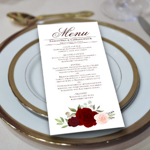 Elegant Burgundy Red & Blush Pink Roses Wedding Menu
