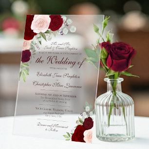Elegant Burgundy Red & Blush Roses Formal Wedding Acrylic Invitations