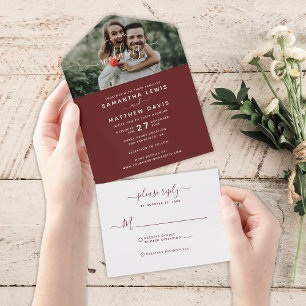 Elegant Burgundy Red Calligraphy Photo Wedding All In One Invitation