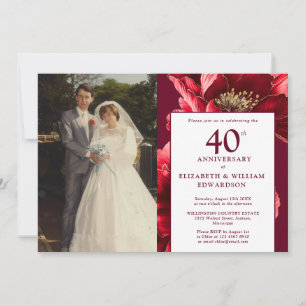 Elegant Burgundy Red Floral 40th Anniversary Photo Invitation