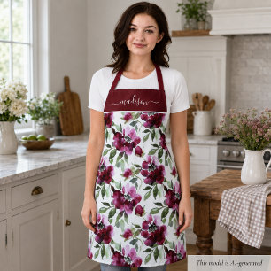 Elegant Burgundy Red Floral Apron
