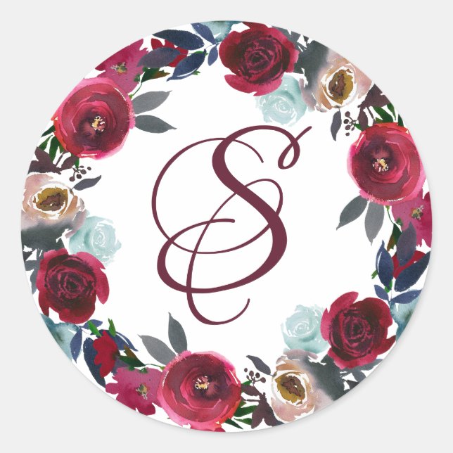 Elegant Burgundy Red Floral Monogram Envelope Seal (Front)