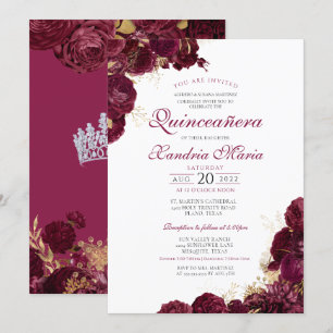 Elegant Burgundy Red Floral Quinceanera Invitation