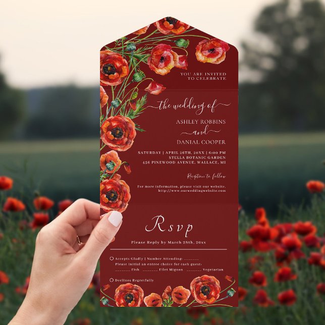 Elegant Burgundy Red Floral Wedding All In One Invitation (Creator Uploaded)