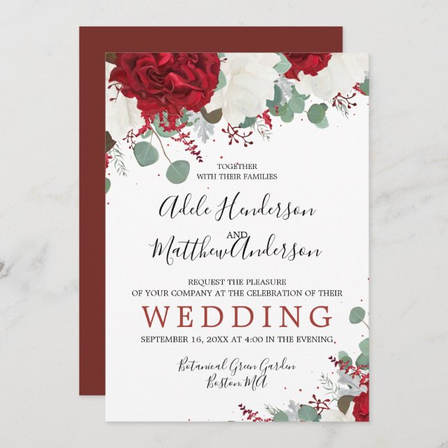 Elegant Burgundy Red Floral Wedding Invitation (Front/Back)