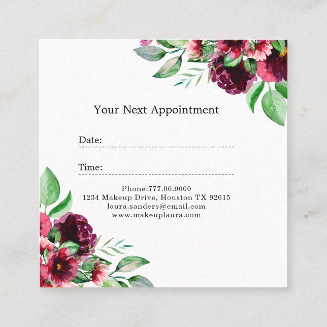 Elegant Burgundy Red Flower Makeup Artist Business Appointment Card (Back)