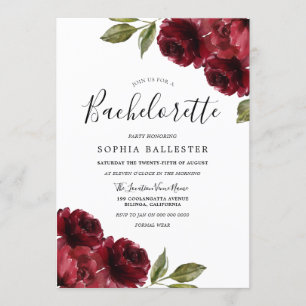 Elegant Burgundy Red Flowers Bachelorette Party Invitation