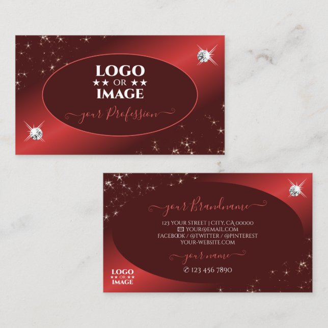 Elegant Burgundy Red Glitter Stars Jewels Add Logo Business Card (Front/Back)