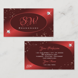 Elegant Burgundy Red Glitter Stars Jewels Initials Business Card