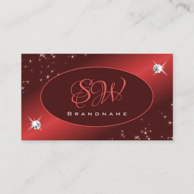 Elegant Burgundy Red Glitter Stars Jewels Initials Business Card (Front)