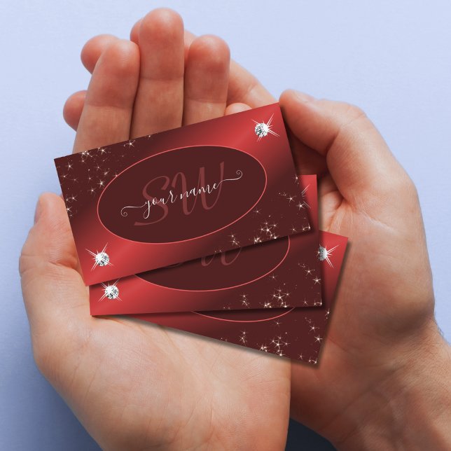 Elegant Burgundy Red Glitter Stars Jewels Monogram Business Card (Creator Uploaded)