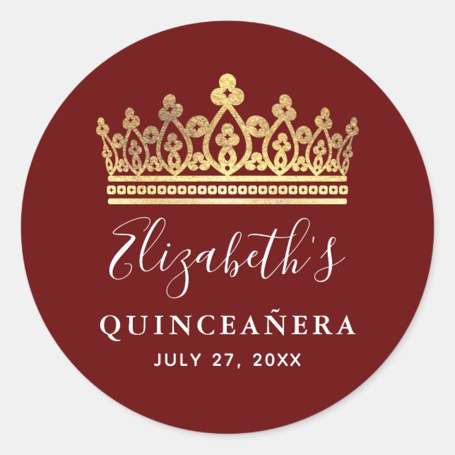 Elegant Burgundy Red Gold Crown Quinceanera Classic Round Sticker (Front)
