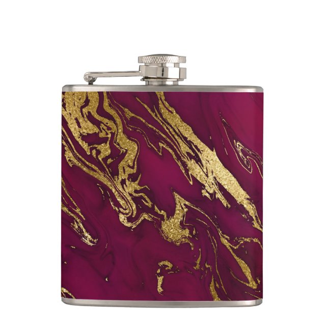 Elegant Burgundy Red Gold Faux Foil Marble Texture Hip Flask (Front)