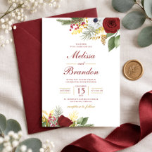 Elegant Burgundy Red & Gold Floral Script Wedding