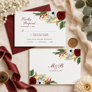 Elegant Burgundy Red & Gold Floral Script Wedding RSVP Card