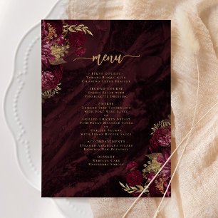 Elegant Burgundy Red Gold Floral Wedding Menu