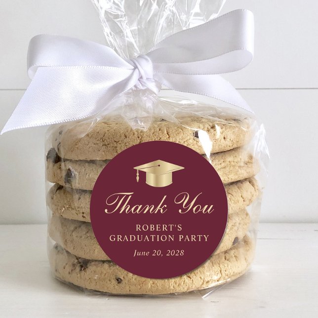 Elegant Burgundy Red Gold Graduation Thank You Classic Round Sticker (Creator Uploaded)