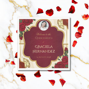 Elegant Burgundy Red & Gold Rose Quinceañera Napkin