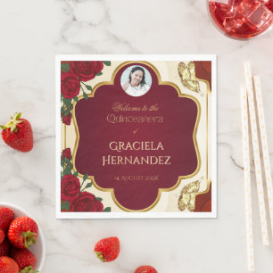 Elegant Burgundy Red & Gold Rose Quinceañera Napkin