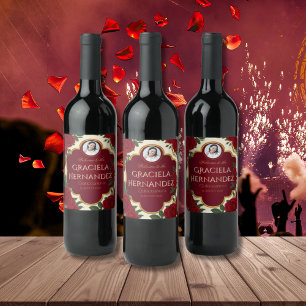 Elegant Burgundy Red & Gold Rose Quinceañera Wine Label