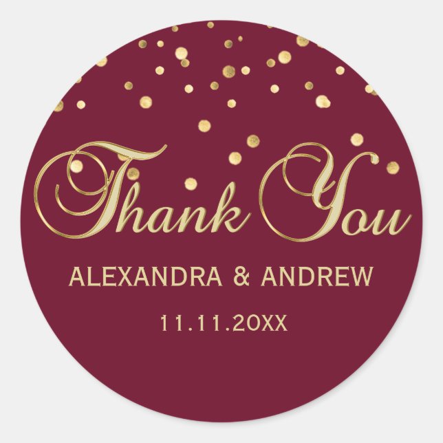 Elegant BURGUNDY Red Gold Wedding Thank You Classic Round Sticker (Front)