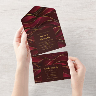 Elegant Burgundy Red Marble Waves with Gold Accent All In One Invitation