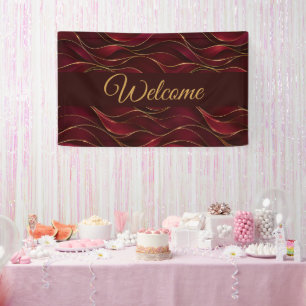 Elegant Burgundy Red Marble Waves with Gold Accent Banner