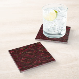 Elegant Burgundy Red Marble Waves with Gold Accent Glass Coaster