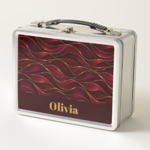 Elegant Burgundy Red Marble Waves with Gold Accent Metal Lunch Box