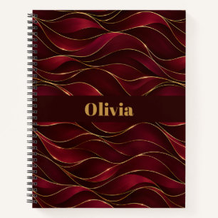 Elegant Burgundy Red Marble Waves with Gold Accent Notebook