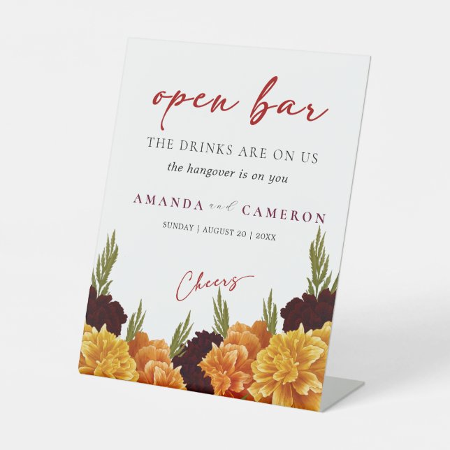 Elegant Burgundy Red  "Marigold" Open Bar Wedding Pedestal Sign (Front)