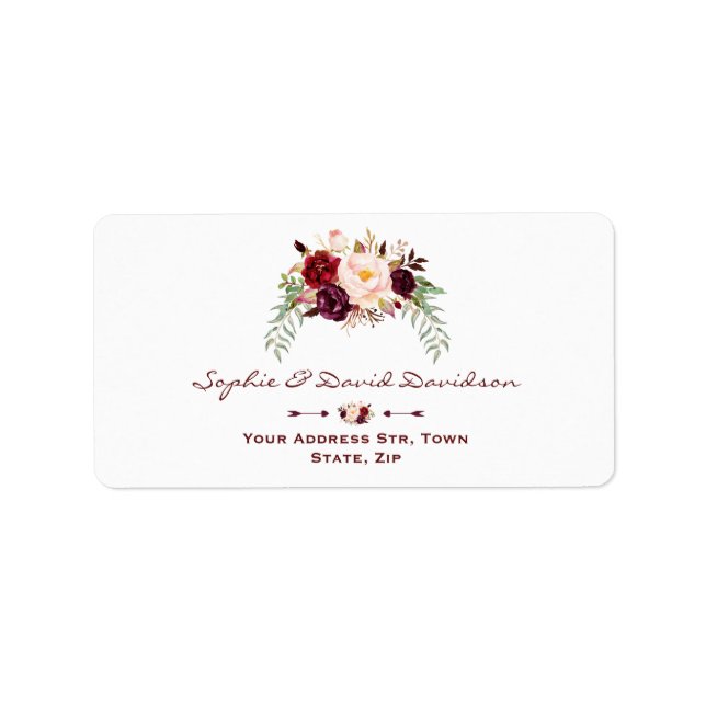 Elegant Burgundy Red Marsala Floral Wedding Label (Front)