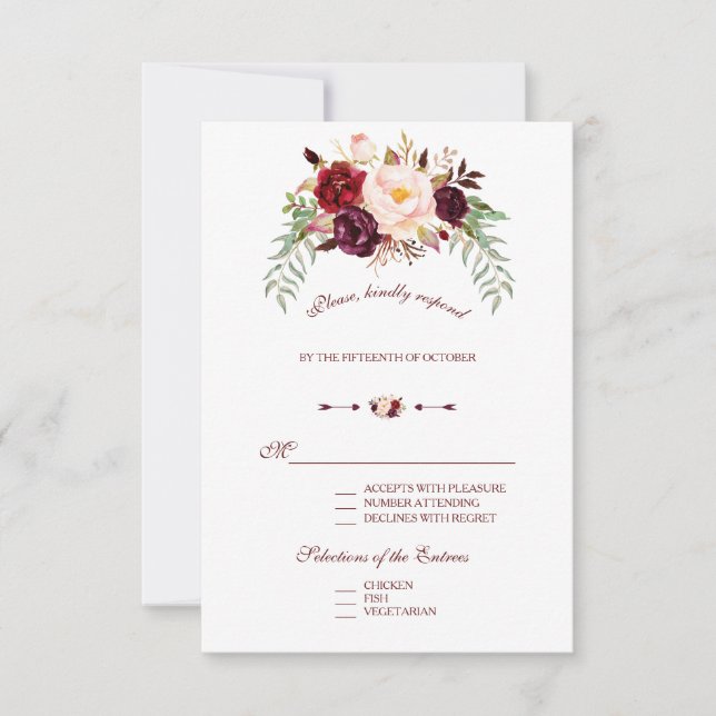 Elegant Burgundy Red Marsala Floral Wedding RSVP Card (Front)
