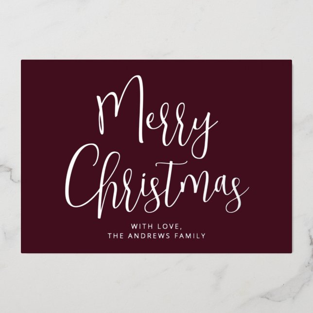 Elegant Burgundy Red Merry Christmas Silver Foil Holiday Card (Front)