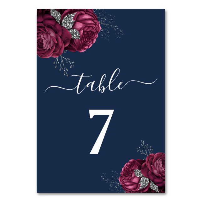Elegant Burgundy Red Navy Blue Floral Peonies Table Number (Front)