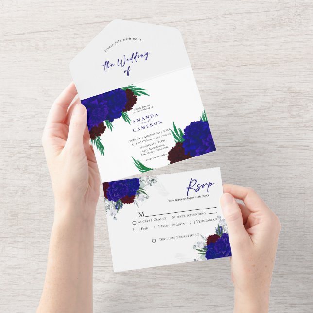 Elegant Burgundy Red Navy  Blue "MARIGOLD" Wedding All In One Invitation (Tearaway)