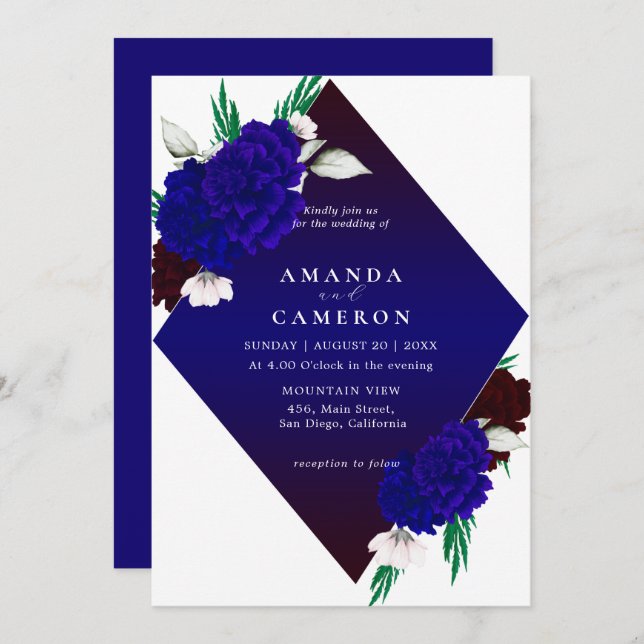 Elegant Burgundy Red Navy Blue "MARIGOLD" Wedding Invitation (Front/Back)