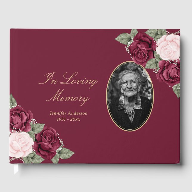 Elegant Burgundy Red Pink Floral Funeral Photo Guest Book (Front)