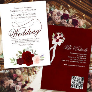 Elegant Burgundy Red & Pink Floral QR Code Wedding Invitation