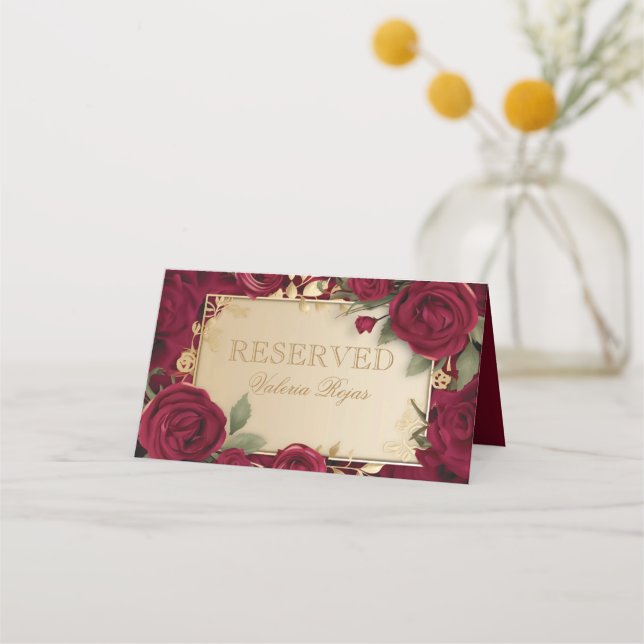Elegant Burgundy Red Rose and Gold Wedding  Place Card (Front)