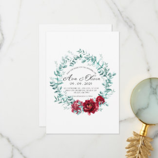 Elegant Burgundy Red Rose Eucalyptus Wreath Weddin Thank You Card