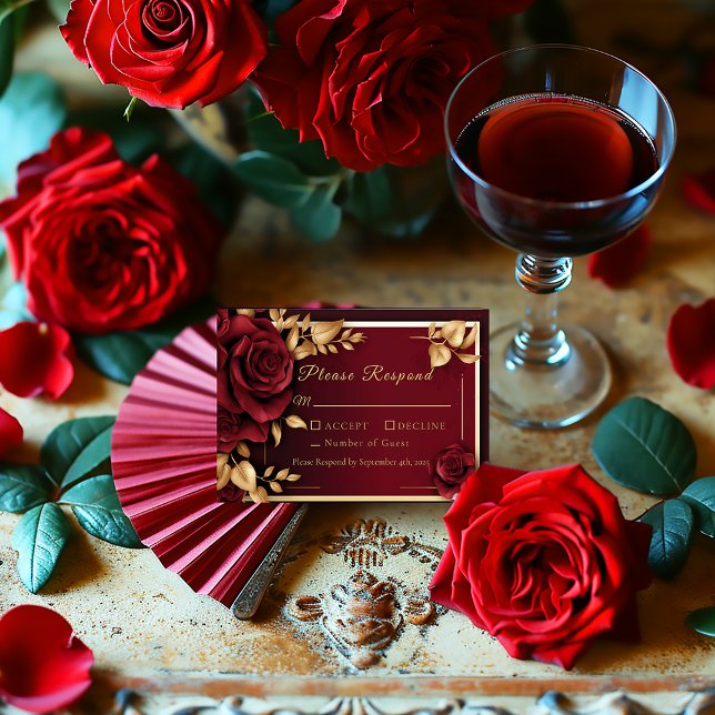 Elegant Burgundy Red Rose Flamenco Wedding RSVP Card (Elegant Dark Burgundy and Gold Rose Flamengo Collection RSVP Enclosure Card)