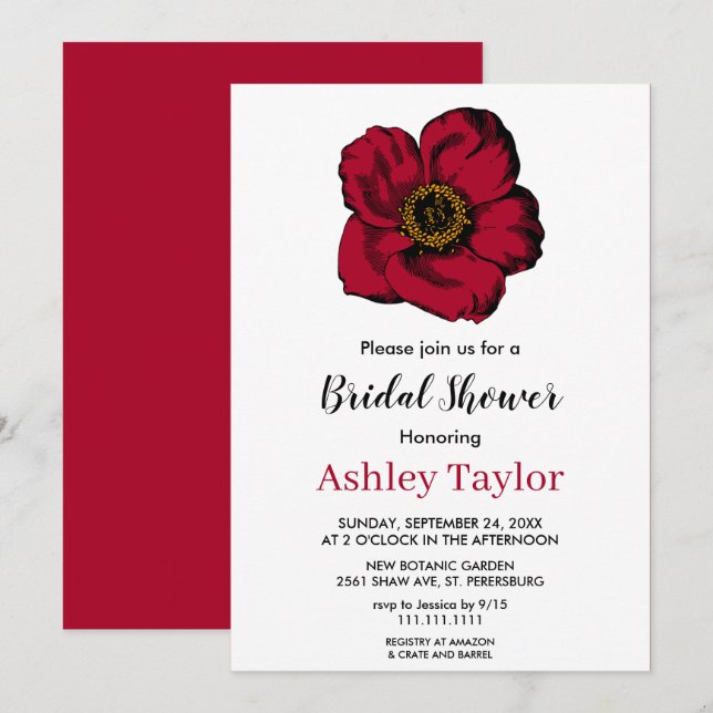 Elegant burgundy red rose floral Bridal Shower Invitation (Front/Back)