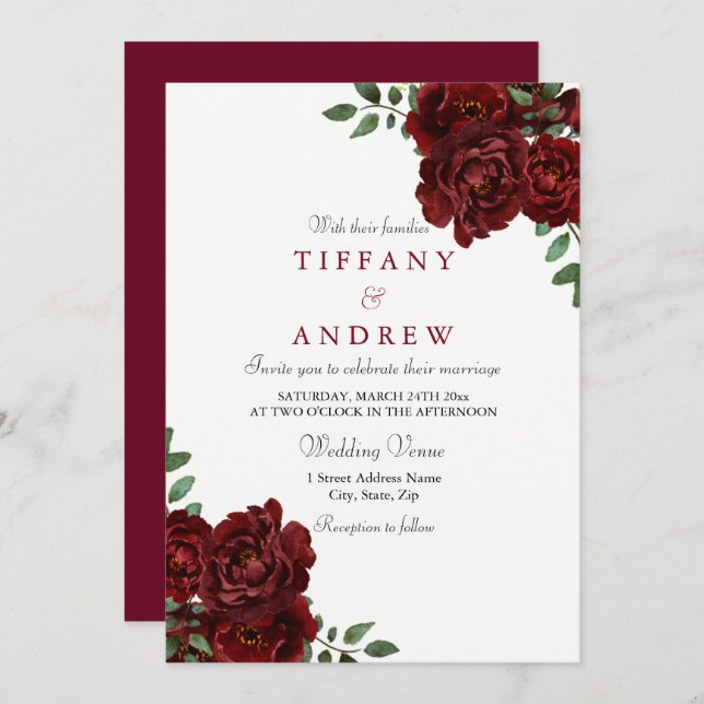 Elegant  Burgundy Red Rose Modern Wedding Invite (Front/Back)